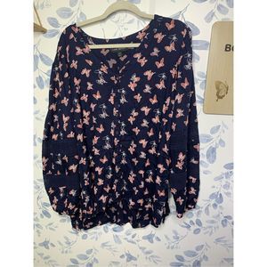 Lane Bryant Navy & Pink Butterfly Button Up Top Size 18/20
